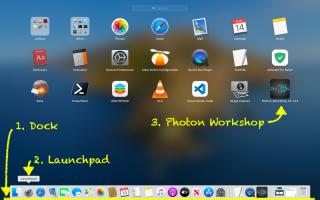 <b>Open Photon Workshop</b><br/>Reveal the Dock at the bottom of the screen. Click on Launchpad to show applications. Click on Photon Workshop to launch. There may be a second page of apps - see the small white circles to page between them if needed.