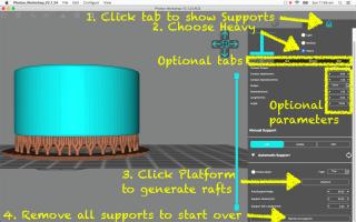<b>Add rafts to model</b><br/>At top-right click the Supports tab. This reveals the tools to generate a platform automatically, with parameters for raft size etc. Or click Remove All Supports (scroll down to reveal button) then experiment and repeat etc.