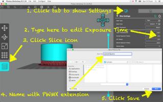 <b>Slice to PWMX file</b><br/>At top-right click the Settings tab. This restores the slice settings screen with move/pan/tilt. Review the on screen settings, then click the Slice icon and name the file with a PWMX extension.